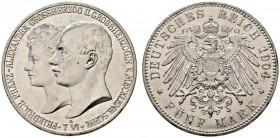 Silbermünzen des Kaiserreiches. Mecklenburg-Schwerin. Friedrich Franz IV. 1897-1918. 5 Mark 1904 A. Hochzeit. J. 87. winzige Randfehler, fast Stempelg...