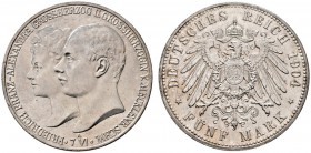 Silbermünzen des Kaiserreiches. Mecklenburg-Schwerin. Friedrich Franz IV. 1897-1918. 5 Mark 1904 A. Hochzeit. J. 87. kleine Randfehler, vorzüglich/fas...