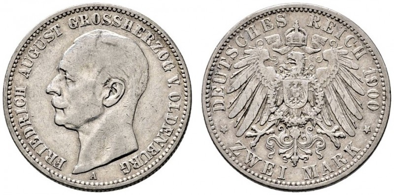 Silbermünzen des Kaiserreiches. Oldenburg. Friedrich August 1900-1918. 2 Mark 19...