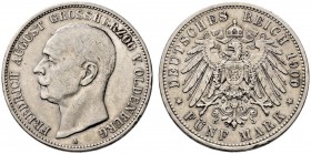 Silbermünzen des Kaiserreiches. Oldenburg. Friedrich August 1900-1918. 5 Mark 1900 A. J. 95. Randfehler, sehr schön