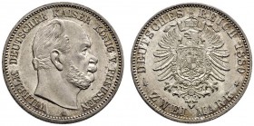 Silbermünzen des Kaiserreiches. Preußen. Wilhelm I. 1861-1888. 2 Mark 1880 A. J. 96. selten in dieser Erhaltung, Prachtexemplar mit feiner Tönung, fas...