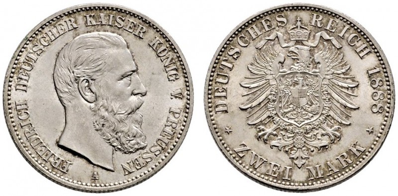 Silbermünzen des Kaiserreiches. Preußen. Friedrich III. 1888. 2 Mark 1888 A. J. ...