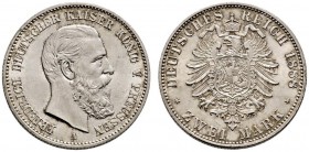 Silbermünzen des Kaiserreiches. Preußen. Friedrich III. 1888. 2 Mark 1888 A. J. 98. Prachtexemplar mit feiner Tönung, fast Stempelglanz/Stempelglanz...