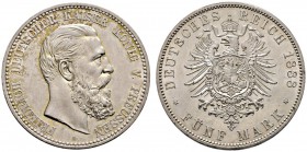 Silbermünzen des Kaiserreiches. Preußen. Friedrich III. 1888. 5 Mark 1888 A. J. 99. leichte Tönung, fast Stempelglanz