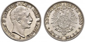 Silbermünzen des Kaiserreiches. Preußen. Wilhelm II. 1888-1918. 2 Mark 1888 A. J. 100. Kabinettstück mit leichter Patina, Stempelglanz