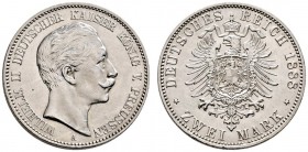 Silbermünzen des Kaiserreiches. Preußen. Wilhelm II. 1888-1918. 2 Mark 1888 A. J. 100. Prachtexemplar, winziger Kratzer auf dem Avers, fast Stempelgla...