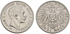 Silbermünzen des Kaiserreiches. Preußen. Wilhelm II. 1888-1918. 2 Mark 1892 A. J. 102. der seltenste Jahrgang, sehr schön