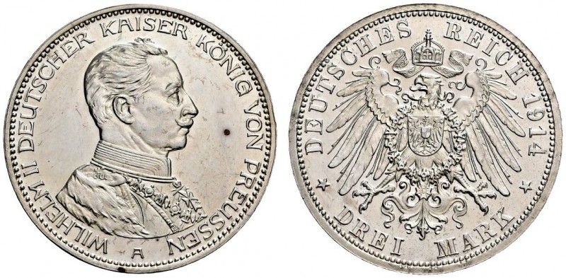 Silbermünzen des Kaiserreiches. Preußen. Wilhelm II. 1888-1918. 3 Mark 1914 A. U...