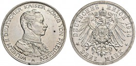 Silbermünzen des Kaiserreiches. Preußen. Wilhelm II. 1888-1918. 3 Mark 1914 A. Uniform. J. 113. Polierte Platte-minimal berührt