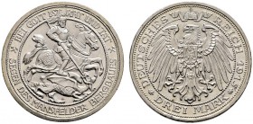 Silbermünzen des Kaiserreiches. Preußen. Wilhelm II. 1888-1918. 3 Mark 1915 A. Mansfelder Bergbau. J. 115. kleine Randfehler, fast Stempelglanz