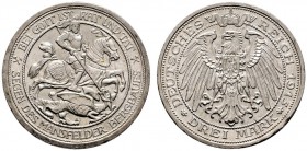 Silbermünzen des Kaiserreiches. Preußen. Wilhelm II. 1888-1918. 3 Mark 1915 A. Mansfelder Bergbau. J. 115. minimale Randfehler, vorzüglich-Stempelglan...