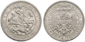 Silbermünzen des Kaiserreiches. Preußen. Wilhelm II. 1888-1918. 3 Mark 1915 A. Mansfelder Bergbau. J. 115. minimale Randunebenheiten, vorzüglich-Stemp...