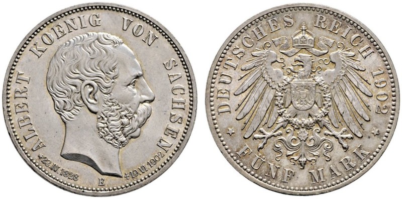 Silbermünzen des Kaiserreiches. Sachsen. Albert 1873-1902. 5 Mark 1902 E. Auf se...