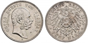 Silbermünzen des Kaiserreiches. Sachsen. Georg 1902-1904. 5 Mark 1904 E. Auf seinen Tod. J. 133. leichte Tönung, fast Stempelglanz