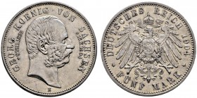 Silbermünzen des Kaiserreiches. Sachsen. Georg 1902-1904. 5 Mark 1904 E. Auf seinen Tod. J. 133. sehr schön-vorzüglich