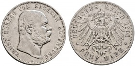Silbermünzen des Kaiserreiches. Sachsen-Altenburg. Ernst 1853-1908. 5 Mark 1901 A. 75. Geburtstag. J. 143. kleine Kratzer, sehr schön