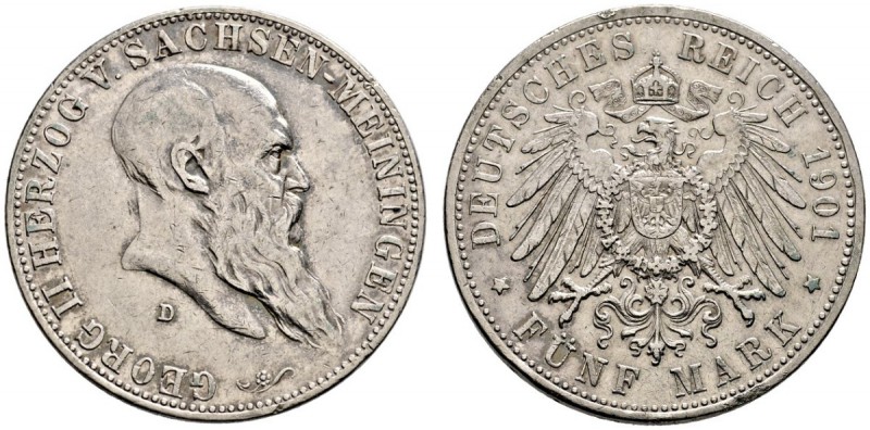 Silbermünzen des Kaiserreiches. Sachsen-Meiningen. Georg II. 1866-1915. 5 Mark 1...