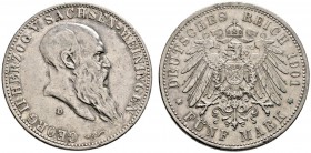 Silbermünzen des Kaiserreiches. Sachsen-Meiningen. Georg II. 1866-1915. 5 Mark 1901 D. 75. Geburtstag. J. 150. kleine Randfehler, sehr schön