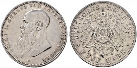 Silbermünzen des Kaiserreiches. Sachsen-Meiningen. Georg II. 1866-1915. 5 Mark 1908 D. Bart berührt Perlkreis nicht. J. 153b. gutes sehr schön
