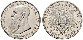 Silbermünzen des Kaiserreiches. Sachsen-Meiningen. Georg II. 1866-1915. 3 Mark 1915. Auf seinen Tod. J. 155. Überprägungsspuren auf dem Avers, Poliert...