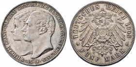 Silbermünzen des Kaiserreiches. Sachsen-Weimar-Eisenach. Wilhelm Ernst 1901-1918. 5 Mark 1903 A. Erste Hochzeit. J. 159. kleine Kratzer, vorzüglich