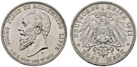 Silbermünzen des Kaiserreiches. Schaumburg-Lippe. 3 Mark 1911 A. Auf seinen Tod. J. 166. winzige Kratzer, vorzüglich-Stempelglanz