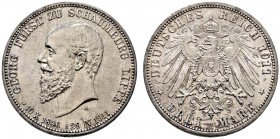 Silbermünzen des Kaiserreiches. Schaumburg-Lippe. 3 Mark 1911 A. Auf seinen Tod. J. 166. winzige Randfehler, vorzüglich-Stempelglanz