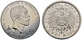 Silbermünzen des Kaiserreiches. Schwarzburg-Sondershausen. Karl Günther 1880-1909. 2 Mark 1905 A. Regierungsjubiläum. J. 169a. Prachtexemplar mit fein...