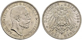 Silbermünzen des Kaiserreiches. Schwarzburg-Sondershausen. Karl Günther 1880-1909. 3 Mark 1909 A. Auf seinen Tod. J. 170. winzige Kratzer, vorzüglich-...
