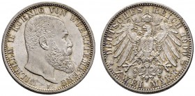 Silbermünzen des Kaiserreiches. Württemberg. Wilhelm II. 1891-1918. 2 Mark 1900 F. J. 174. feine Patina, fast Stempelglanz
