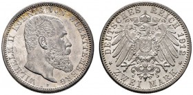 Silbermünzen des Kaiserreiches. Württemberg. Wilhelm II. 1891-1918. 2 Mark 1912 F. J. 174. leichte Tönung, fast Stempelglanz
