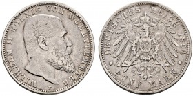 Silbermünzen des Kaiserreiches. Württemberg. Wilhelm II. 1891-1918. 5 Mark 1894 F. J. 176. der seltenste Jahrgang, kleine Kratzer, sehr schön