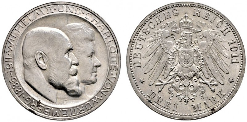Silbermünzen des Kaiserreiches. Württemberg. Wilhelm II. 1891-1918. 3 Mark 1911 ...
