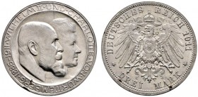 Silbermünzen des Kaiserreiches. Württemberg. Wilhelm II. 1891-1918. 3 Mark 1911 F. Silberhochzeit. Hohes H. J. 177b. Schrötlingsfehler im Randbereich,...