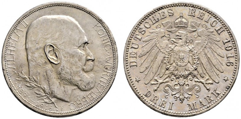 Silbermünzen des Kaiserreiches. Württemberg. Wilhelm II. 1891-1918. 3 Mark 1916 ...