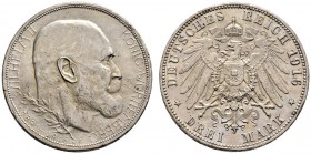 Silbermünzen des Kaiserreiches. Württemberg. Wilhelm II. 1891-1918. 3 Mark 1916 F. Regierungsjubiläum. J. 178. selten, übliche minimale Randunebenheit...