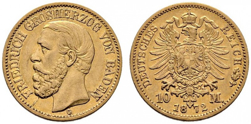 Reichsgoldmünzen. Baden. Friedrich I. 1852-1907. 10 Mark 1872 G. J. 183. gutes s...