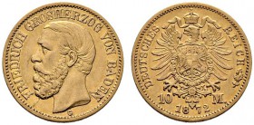 Reichsgoldmünzen. Baden. Friedrich I. 1852-1907. 10 Mark 1872 G. J. 183. gutes sehr schön