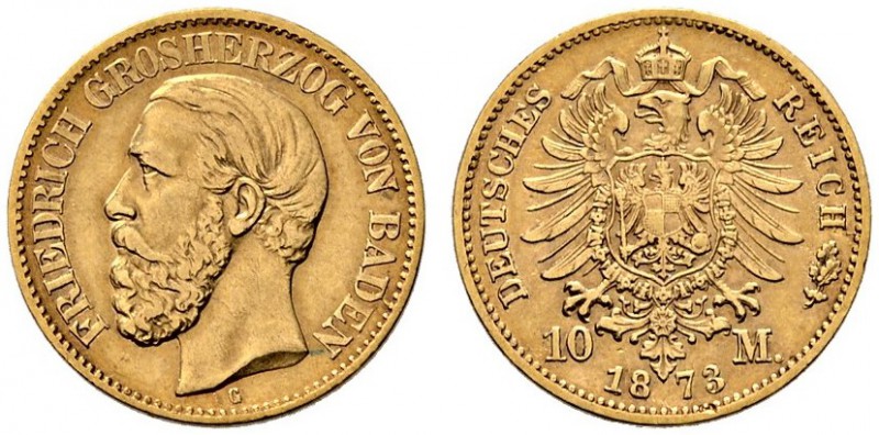 Reichsgoldmünzen. Baden. Friedrich I. 1852-1907. 10 Mark 1873 G. J. 183. gutes s...