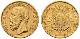 Reichsgoldmünzen. Baden. Friedrich I. 1852-1907. 20 Mark 1872 G. J. 184. winzige Randfehler, sehr schön-vorzüglich