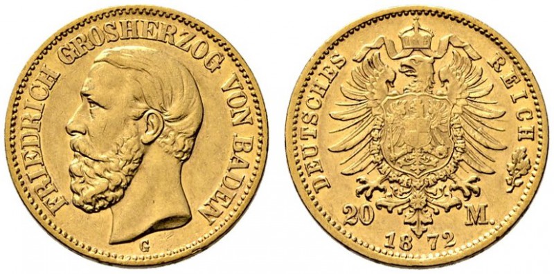 Reichsgoldmünzen. Baden. Friedrich I. 1852-1907. 20 Mark 1872 G. J. 184. sehr sc...
