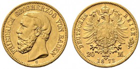 Reichsgoldmünzen. Baden. Friedrich I. 1852-1907. 20 Mark 1872 G. J. 184. sehr schön-vorzüglich