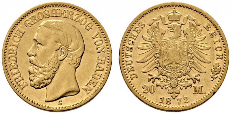Reichsgoldmünzen. Baden. Friedrich I. 1852-1907. 20 Mark 1872 G. J. 184. kleiner...