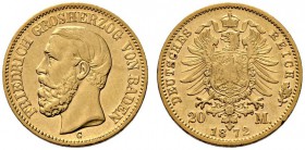 Reichsgoldmünzen. Baden. Friedrich I. 1852-1907. 20 Mark 1872 G. J. 184. kleiner Randfehler, sehr schön-vorzüglich/sehr schön