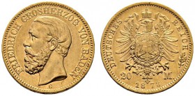 Reichsgoldmünzen. Baden. Friedrich I. 1852-1907. 20 Mark 1873 G. J. 184. minimale Randfehler, sehr schön-vorzüglich