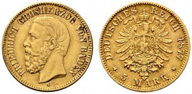 Reichsgoldmünzen. Baden. Friedrich I. 1852-1907. 5 Mark 1877 G. J. 185. winzige Fassungsspuren am Rand?, sehr schön-vorzüglich