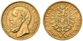 Reichsgoldmünzen. Baden. Friedrich I. 1852-1907. 10 Mark 1876 G. J. 186. minimaler Randfehler, gutes sehr schön