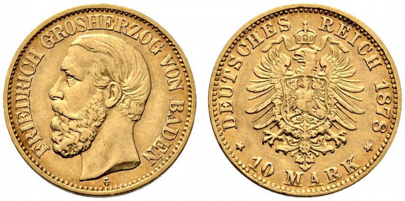 Reichsgoldmünzen. Baden. Friedrich I. 1852-1907. 10 Mark 1878 G. J. 186. sehr sc...