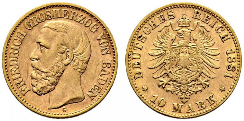 Reichsgoldmünzen. Baden. Friedrich I. 1852-1907. 10 Mark 1881 G. J. 186. kleine ...