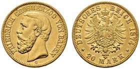 Reichsgoldmünzen. Baden. Friedrich I. 1852-1907. 20 Mark 1874 G. J. 187. minimale Randfehler, sehr schön